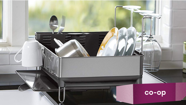 The simplehuman Steel Frame Dishrack offers a ton of space for dishes, dedicated areas for mugs, silverware, and wine glasses, and manages to actually look nice, which is no small feat for a dish rack.